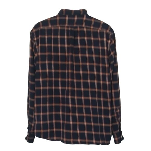 Old Navy Slim Fit Navy Blue Orange Plaid Flannel Button Up Shirt XXL 2X Pocket - Picture 3 of 7